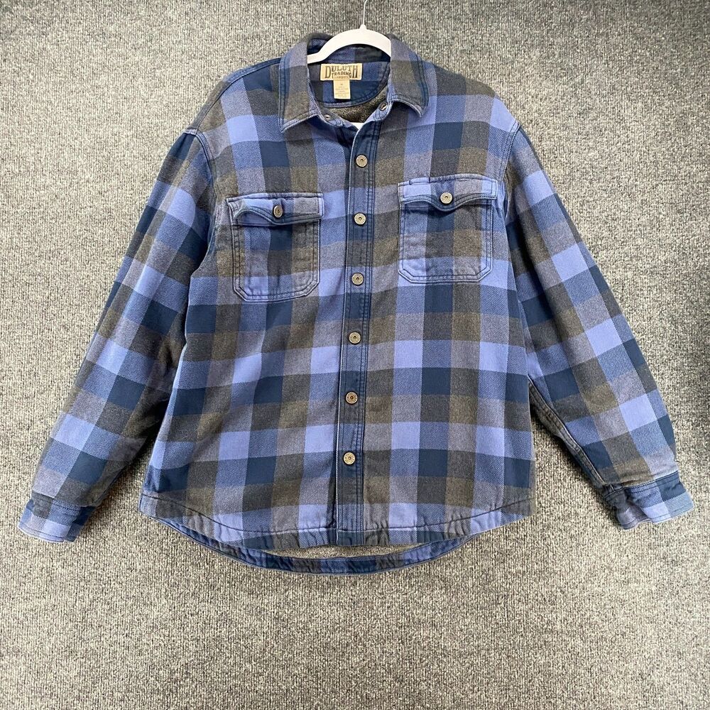 Duluth Trading Shirt Jacket Mens M Blue Plaid Flannel‎ Snap On Outdoor Grunge